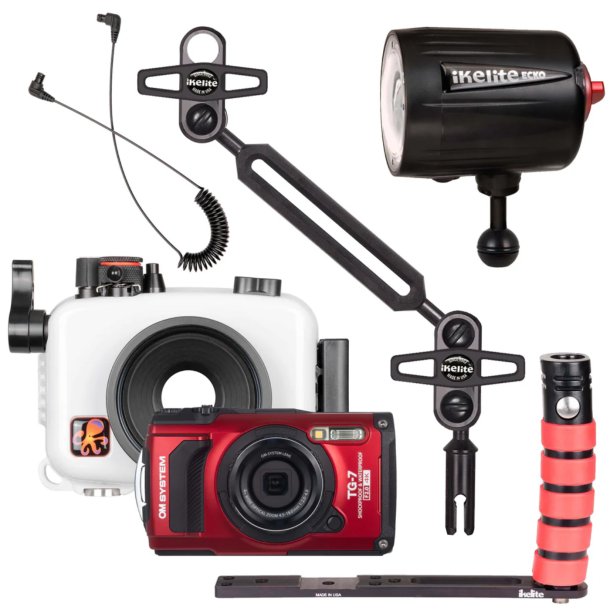 IKELITE Underwater Housing, OM System Tough TG-7 Camera and Ecko Strobe Deluxe Kit ערכה הכוללת מארז, מצלמת Tough TG-7 ומבזק Ecko Fiber