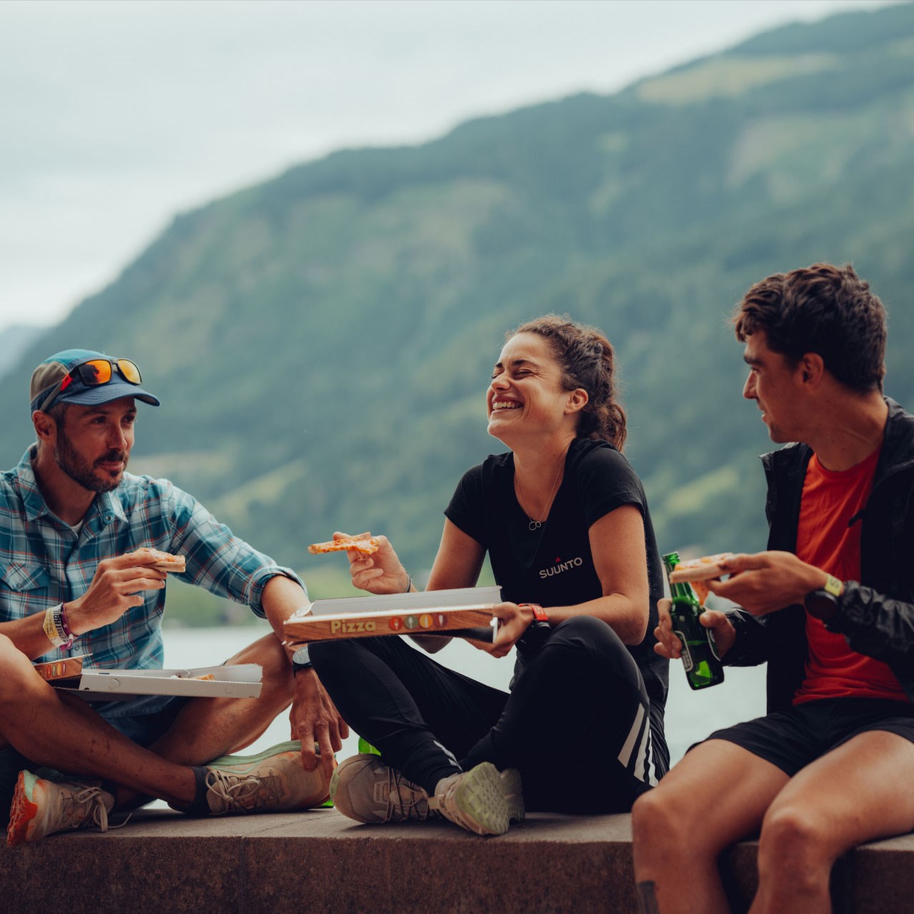 Shorts, Sky, Mountain, People in nature, Smile, Happy, Travel, Body of water, Leisure, Eyewear