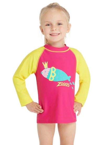 ZOGGS Girls Sea Queen Long Sleeve Sun Top חולצת לייקרה ארוכה להגנה מהשמש לילדות
