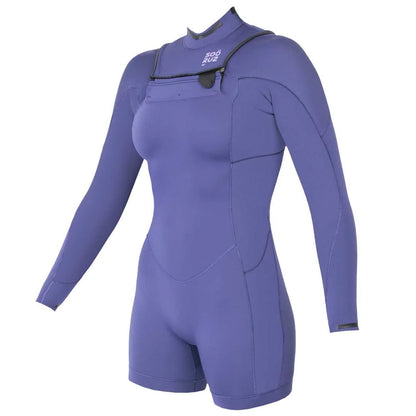 חליפת גלישה שורטי בצבע סגול עם שרוולים ארוכים ורוכסן קדמי בעובי 2/2 מ"מ לנשים